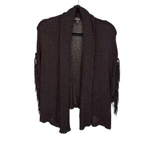 Bebe Poncho Cardigan Women M Black Fringed Shawl Collar Open Knit Sweater Winter